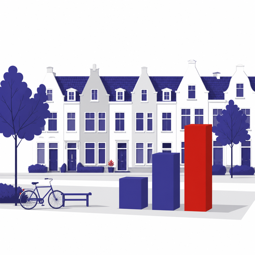 Groei deelname WhatsApp buurtpreventie CBS Veiligheidsmonitor 2025 Illustratie van een Nederlandse woonstraat met een stijgende grafiek, symbool voor de groei van WhatsApp buurtpreventie