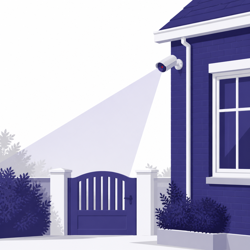 Illustratie van een huisgevel met een beveiligingscamera aan de muur
