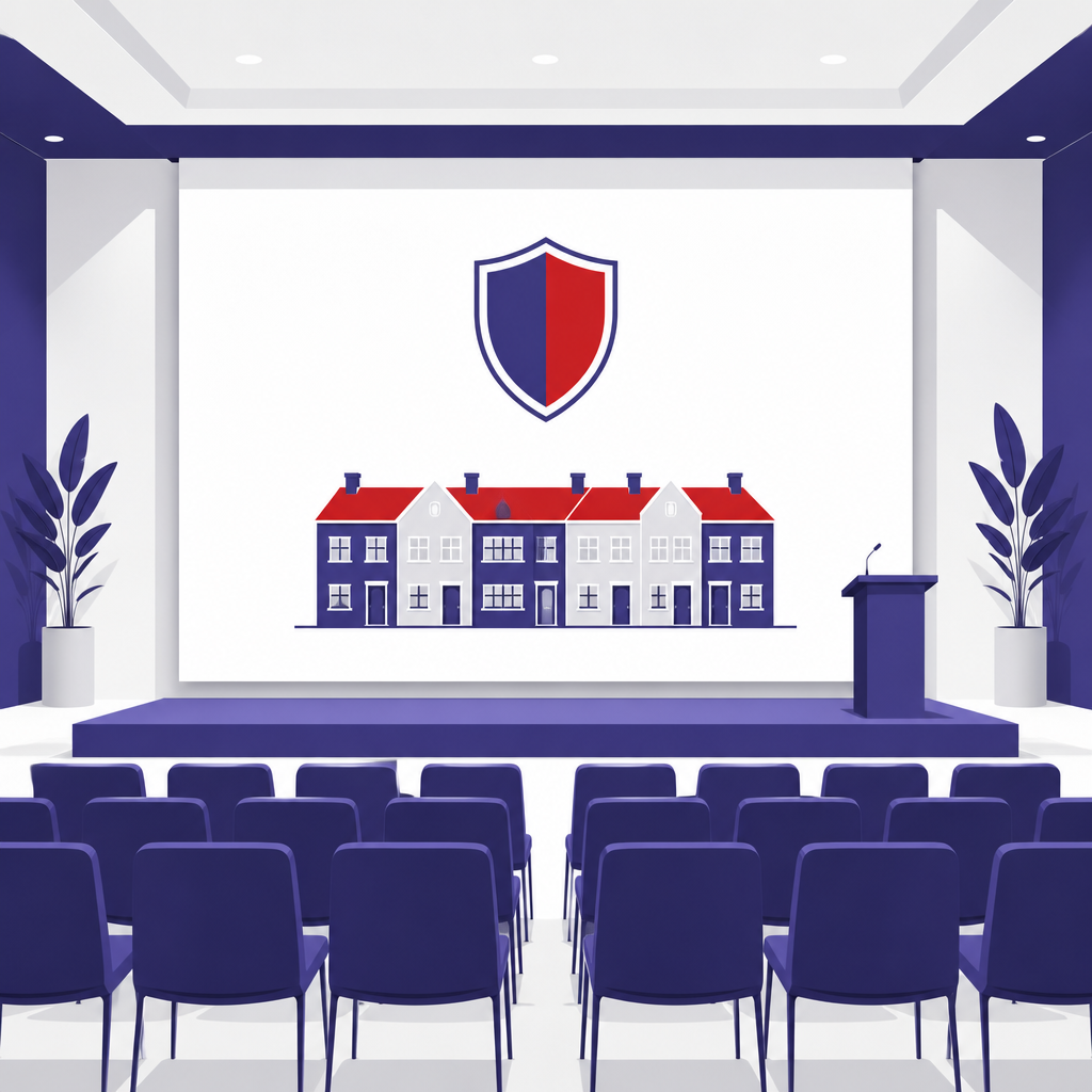 Ondermijningscongres 2026 en de rol van de buurt Illustratie van een congreszaal met een scherm waarop een schild en een rij woningen te zien zijn