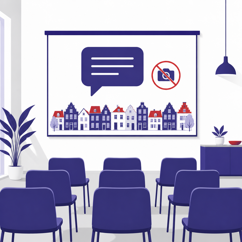 Voorlichtingsavond over privacy in buurtpreventiegroepen Illustratie van een zaal met stoelen en een smartphone met een chatballon, symbool voor een voorlichtingsavond over buurtpreventie