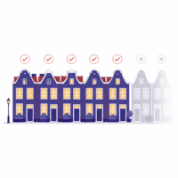 Illustratie van een rij woningen waarvan er een paar verlicht zijn, met een vinkje als symbool voor actieve groepen