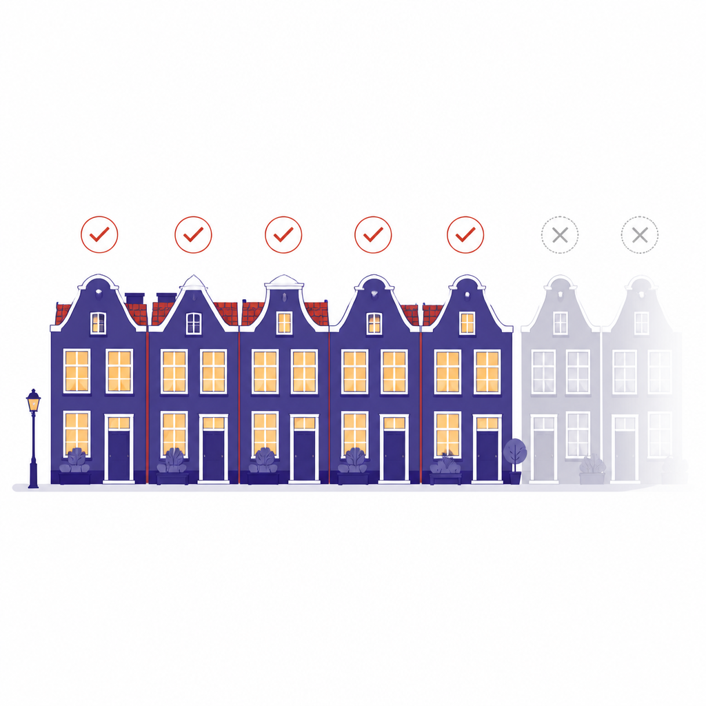 Actieve WABP groepen in plaats van slapende groepen Illustratie van een rij woningen waarvan er een paar verlicht zijn, met een vinkje als symbool voor actieve groepen
