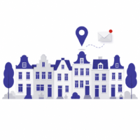 Illustratie van een woonstraat met een locatiepunt en een envelopsymbool, symbool voor de wachtlijst voor een nieuwe groep