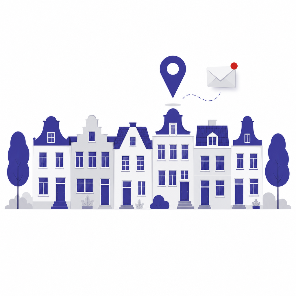 Illustratie van een woonstraat met een locatiepunt en een envelopsymbool, symbool voor de wachtlijst voor een nieuwe groep