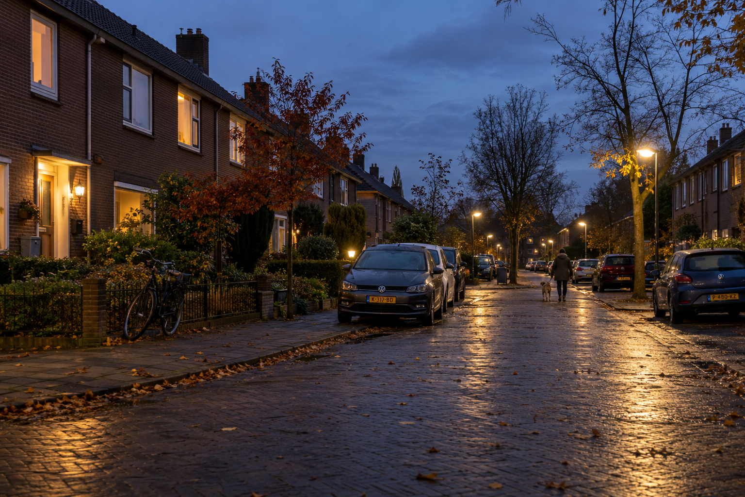 Woonstraat met bakstenen rijtjeshuizen in de schemering, met brandende lantaarnpalen en licht achter de ramen. Foto gemaakt met AI